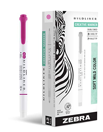 Zebra Pen Mildliner Dual-Tip Highlighters, Broad and Fine Tips, Ideal for Bible Highlighting, No Bleed, School Supplies, Teacher Supplies, and Office Supplies, Mild Fuchsia Ink, 12-Pack (78470upc) - color: Fuchsia