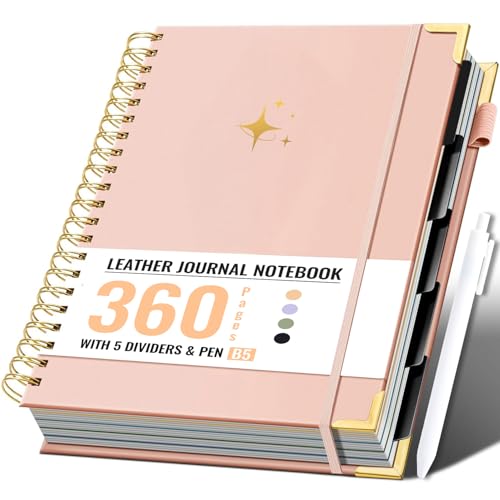 FLYING EAGLE Leather Spiral Notebooks for Work 5 Subject Notebook College Ruled with Dividers Pen, 360 Pages B5 Hardcover Lined Journals for Women Men Writing,Pink - color: C.pink
