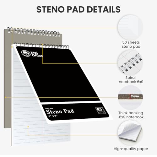 Steno Pads Spiral 6x9 12 Pack | Steno Notebooks Top Spiral Notepad | Steno Notepad 50 Sheets Each | Gregg Ruled Spirals Notebook 6x9 | Notebooks for Work. - color: B-Black (12 Pack)