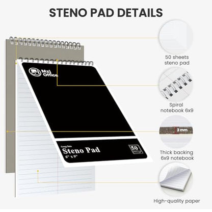Steno Pads Spiral 6x9 12 Pack | Steno Notebooks Top Spiral Notepad | Steno Notepad 50 Sheets Each | Gregg Ruled Spirals Notebook 6x9 | Notebooks for Work. - color: B-Black (12 Pack)