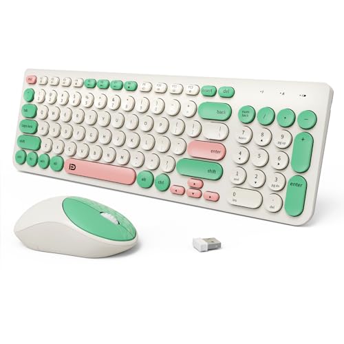 Wireless Keyboards Mouse Combos, Colorful Quiet Keyboard Cute Typewriter Full-Size Retro Round Keycaps, 2.4GHz Sleep Mode Office Wireless Keyboard and Mouse Set for Desktop Laptop PC Computer - color: 96 Keys Green Colorful