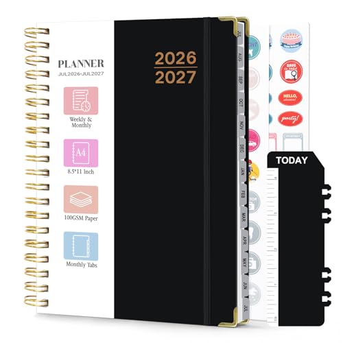 Planner 2026-2027, Weekly and Monthly Academic Planner, Jul 2026 - Jul 2027, 8.5"x11" Large Hardcover Daily Planner Calendar with Tabs for Women, Year Planning Agenda for Teacher and Student (Black) - color: Black