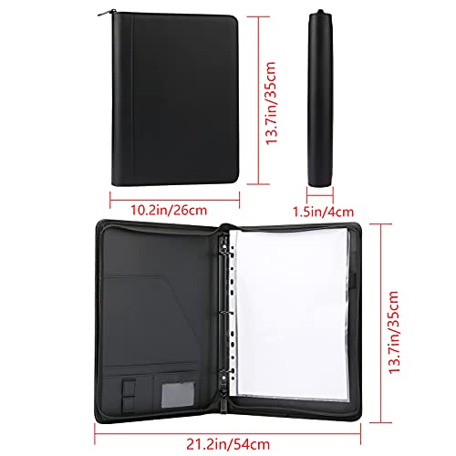 Zippered Portfolio 3 Ring Binder with 8 Pockes, Leather Business Padfolio with Zipper, A4 Document Binder Organizer for School Office
