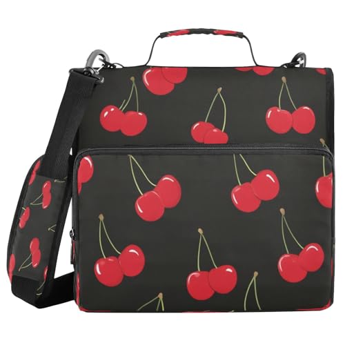 Caikeny 3 Ring Zipper Binder Red Cherry Black 1.5 inch Binders Bag with Shoulder Strap and Handle Expanding File Pockets - color: Multicolored 1z2.16