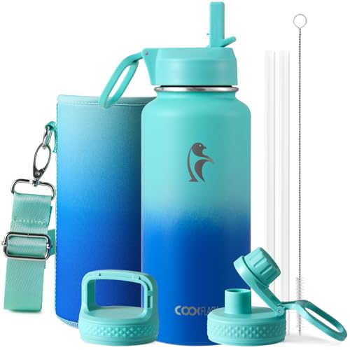 Coolflask 32 oz Water Bottle Insulated with Straw & 3 Leakproof Lids | Water Flask Stainless Steel Triple-Wall Vacuum,Cold 48+h, Dishwasher Safe,Wide Mouth,BPA-Free,Carrier Bag,for Gym,Hiking - color: Pacific Prince, size: 32 Ounces