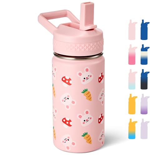 Fijinhom 12 oz Kids Water Bottle, Toddler Water Bottle with Straw, Boys&Girls Bottle for School, 304 Stainless Steel Vacuum Insulated Bottle for Kids, BPA-Free, Leak-Proof, Rabbit - color: Rabbit