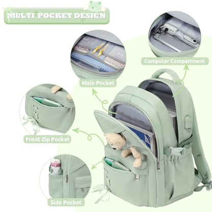 ACESAK Backpack for Girls with Bento Box - 4 PCS Cute Girls Backpack with Lunch Box, Pencil Case & Bento Box Set - 43oz Leakproof Lunch Box Kids Snack Containers Set Back to School Supplies (Green) - color: Green