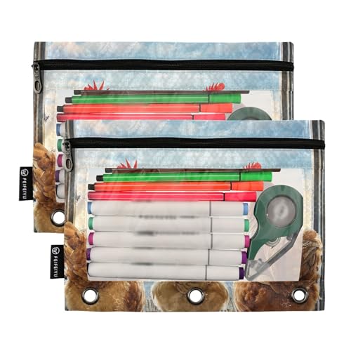 MCHIVER Farmhouse Chickens Pencil Pouch for 3 Ring Binder Pencil Pouches with Zippers Clear Window Binder Pockets Pencil Bags for Adults Work Daily Office 2 Packs - color: Farmhouse Chickens