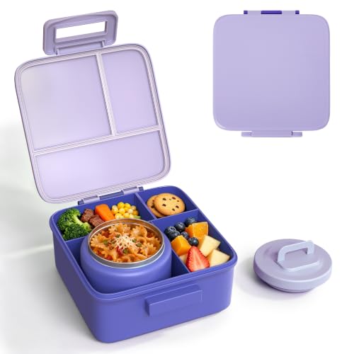 Bento Lunch Box for Kids with 8oz Thermo Containers for School,Camping | Vacuum Insulated Food Jar,Leakproof Silicone-Seal,5 Compartments with Dividers,Dishwasher & Refrigerator Safe,BPA-Free - color: Purple