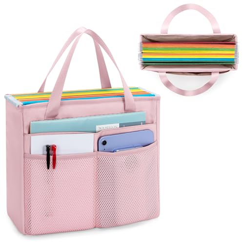 File Folder Tote Bag with Handle, Document Organizer Box, Pink | File Bag for Letter Size File Holder, Collapsible Design, Folding File Case for Home Office Storage, Portable Document Box - color: Pink