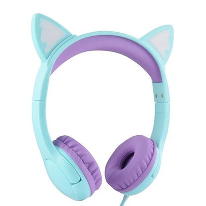 Olyre Kitty Headphones for Kids, Wired Cat Ears Headset, Dual Audio Port | Lightblue; LED Light-Up;On-ear headset; Built-in audio sharing jack; Microphone for children, toddlers, boys, girls - color: Lightblue