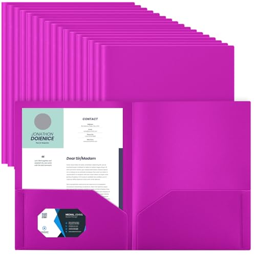 Gueevin 100 Pack Plastic Folder with Pockets, 2 Pocket Folders, Plastic Glossy Folders Fit Letter Size Paper, Heavy Duty Durable File Folder with Business Card for Home Office School (Neon Purple) - color: Neon Purple