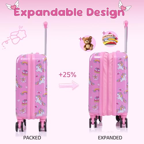 16’’ Kid’s Luggage Set with Spinner Wheels, Hardside with Suitcases,6 Piece | Carry on Luggage, Travel Rolling Luggage Airline Approved, Girls Boys - color: Unicorn