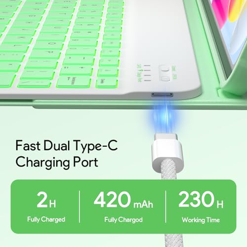 YBING Keyboard Case for iPad 10th Gen 10.9 inch(2022) & 11th Gen(A16, 2025), 7-Color Backlit Detachable Keypad & Rotatable Magnetic Case with Pencil Holder (Green) - color: Green