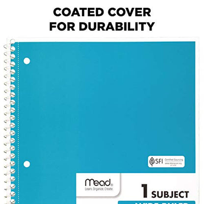 Mead Spiral Notebooks, 1 Subject, Wide Ruled Paper, 70 Sheets, 10-1/2 x 7-1/2 inches, Blue, 4 Pack (38400) - color: Blue, size: Pack of 4