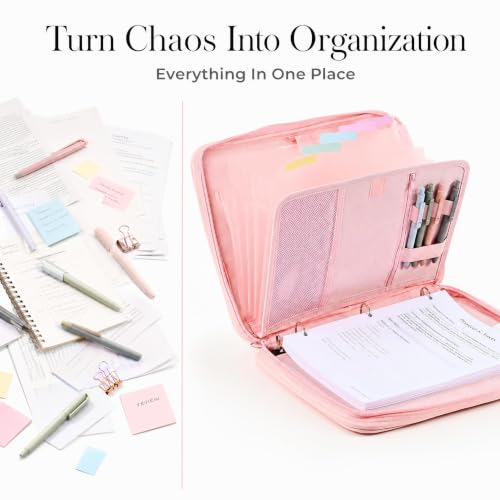 Sturdy 3 Ring Zipper Binder with Strap for School - Beautiful 1 Inch Zip Up Binder with 5-Tab Dividers Holds 420 Sheets, Books & Laptop - Easy to Carry Trapper Keeper Made of Premium Fabrics - color: Pink