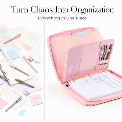 Sturdy 3 Ring Zipper Binder with Strap for School - Beautiful 1 Inch Zip Up Binder with 5-Tab Dividers Holds 420 Sheets, Books & Laptop - Easy to Carry Trapper Keeper Made of Premium Fabrics - color: Pink