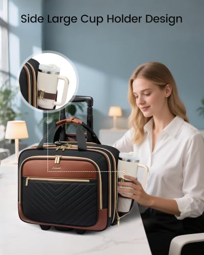 LOVEVOOK Rolling Laptop Bag Women, Briefcase for 17.3 Inch with Wheels Computer Case Work Travel Business，V Quilted-Black-Brown - color: V Quilted-Black-Brown