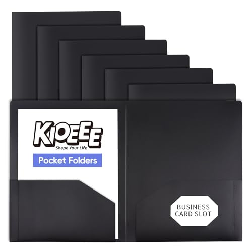 Plastic Folders with Pockets (6 Pack). Heavy Duty Plastic Folders with 2 Pocket and Business Card Slot. Fit Letter Size Paper, Black for School - size: 2 Pocket
