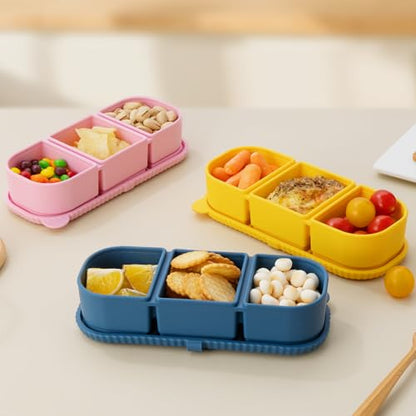 3 Pack Silicone Reusable Snack Containers with Lids - 3 Compartment Snackle Box for Kids & Adults, BPA-Free & Leakproof, Small for Dressing, Sauces, School, Office, Picnic（Blue, yellow, pink） - color: 3-Compartment (3-Pack)