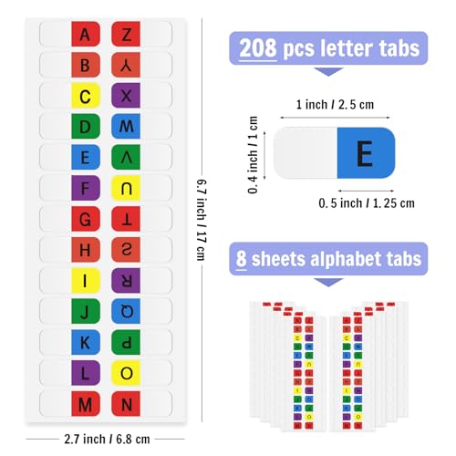 Aixoom A-Z Sticky Multicolor Alphabet Index Tabs Self-Adhesive Page Tabs Transparent Permanent Alphabetical Stickers for Notebooks Dictionary Files (208) - color: Colorful