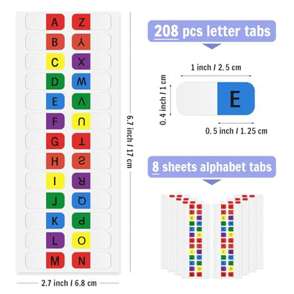 Aixoom A-Z Sticky Multicolor Alphabet Index Tabs Self-Adhesive Page Tabs Transparent Permanent Alphabetical Stickers for Notebooks Dictionary Files (208) - color: Colorful