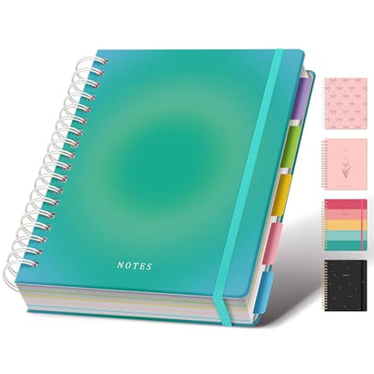 Hardcover Spiral Notebook Journal for Women & Men, Cute 5 Subject Notebook College Ruled for School & Work, Journaling Notebooks with Removable Dividers Tabs, 8" x 10", 300 Pages, Teal Gradient - color: Teal Gradient
