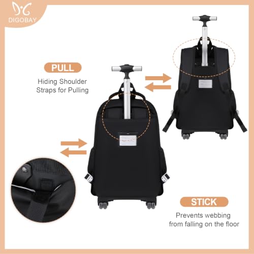 DIGOBAY 3-IN-1 Kids Rolling Backpack for Girls with Lunch Bag Pencil case, Black Kawaii Backpack with Wheels for Girls Roller School Bag with Wheels for Teen Elementary School Bookbags with Cute Pins - color: Black