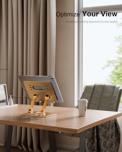 Orlian Tablet Stand Holder with Thickened 360°Rotating Base Dual Rod Adjustable Aluminum Stand for All 5.8-12.9” iPad Samsung Phone Tablet Kindle E-Reader and More, Gold - color: Gold