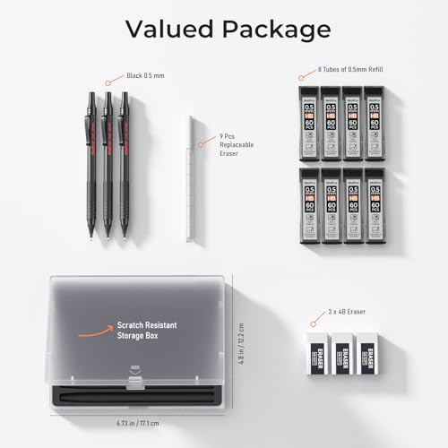 Nicpro 0.5 mm Mechanical Pencils Set with Case, 3 Metal Artist Pencil With 480PCS HB Lead Refills, 3 Erasers,9 Eraser Refills For Architect Art Writing Drafting, Drawing, Engineering, Sketching, Black - color: Black, style: 0.5 MM