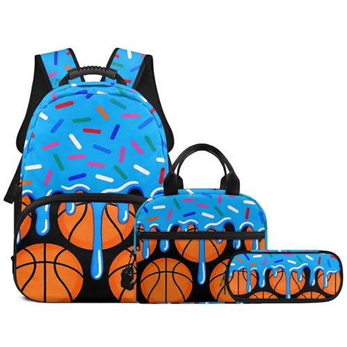 Blue Ice Cream Basketball 3 in 1 School Backpack Set with Lunch Box Pencil Case for Boys Girls 17 Inch 3PCS Bookbag Schoolbag for Middle High Students - color: Blue Ice Cream Basketball