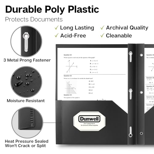 Dunwell Plastic Folders with 3 Prongs, (12 Pack, Black), 2-Pocket Folders with Fasteners, Durable Acid-Free Poly for Long Term Use, Includes Labels - color: Black, size: 12 Pack