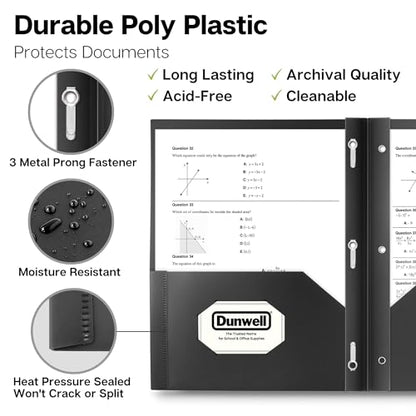 Dunwell Plastic Folders with 3 Prongs, (12 Pack, Black), 2-Pocket Folders with Fasteners, Durable Acid-Free Poly for Long Term Use, Includes Labels - color: Black, size: 12 Pack