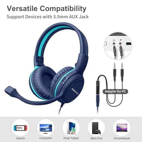 SIMOLIO Wired Headphones for School with Microphone, Stereo Kids Headphone with Flexible Swivel Boom Mic for Student K12 & Teacher & E-Learning, 3 Levels Volume Limiter Gaming Headsets for Boys, Girls - color: Blue