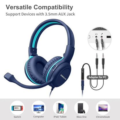 SIMOLIO Wired Headphones for School with Microphone, Stereo Kids Headphone with Flexible Swivel Boom Mic for Student K12 & Teacher & E-Learning, 3 Levels Volume Limiter Gaming Headsets for Boys, Girls - color: Pink & Blue