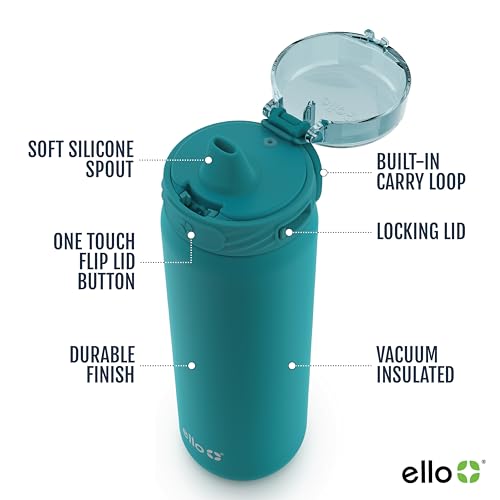 Ello Cooper 22oz Stainless Steel Water Bottle with Straw and Carry Handle, Double Walled and Vacuum Insulated Metal, Leak Proof Locking Lid with Soft Silicone Spout, Reusable, BPA Free, Antigua - color: Antigua, size: 22 Ounces