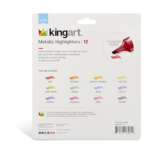 KINGART Highlighters 12 Metallic Colors, Dual-tipped: Chisel and Fine - Modern Marking Pens for Writing, Paper, Water Resistant, Translucent Ink, Sketchbook Friendly