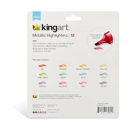 KINGART Highlighters 12 Metallic Colors, Dual-tipped: Chisel and Fine - Modern Marking Pens for Writing, Paper, Water Resistant, Translucent Ink, Sketchbook Friendly