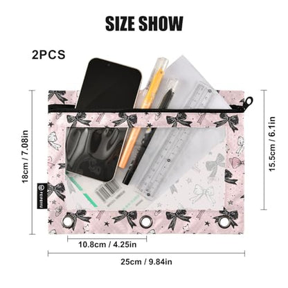 Binder Pencil Pouches Bows Cosmetic Bags 2 Pack | Clear Window 3 Rings, Cosmetic Bags School Office Supplies Cosmetic Makeup Bag 2 Psc - color: Multi-Pink Bows