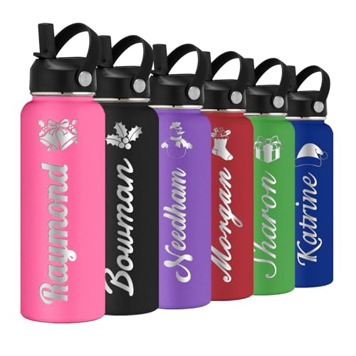 Personalized Water Bottle with Straw Lid for School,Custom Engraved Insulated Stainless Steel Sports Water Bottle with Name for Girls Boys Women Men(24oz/32oz/40oz,12 Colors) - color: Deep Pink, style: Christmas