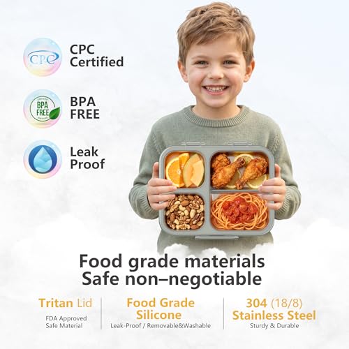 Stainless Steel Bento Lunch Box, 34oz/1000ml Leak Proof Metal Container, Lightweight 3mm Ultra-Narrow Bezel with Tritan Lid for Kids & Adults, 3-Compartment, BPA/BPS Free, Dishwasher Safe, Gray - color: Gray, size: 34oz/1000ml