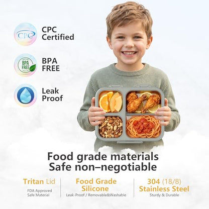 Stainless Steel Bento Lunch Box, 34oz/1000ml Leak Proof Metal Container, Lightweight 3mm Ultra-Narrow Bezel with Tritan Lid for Kids & Adults, 3-Compartment, BPA/BPS Free, Dishwasher Safe, Gray - color: Gray, size: 34oz/1000ml