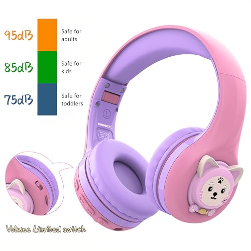 Riwbox CB-7S Kids Wireless Headphones,with Safe Volume Control 74/85/95dB,LED Glow Lights,50H Playtime,Bluetooth V5.3,Built-in Mic, TF Card Slot,for Travel/School/Phone/Laptop(Pink&Purple) - color: Pink&Purple