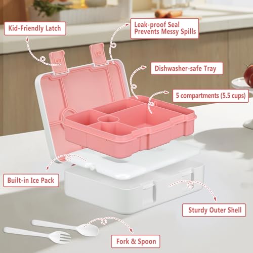 Chill Lunch Box Kids, Leak Proof Adult Bento Box with Ice Pack, 6 Compartment Lunch Container with Utensils for Girl Boy Back to School, 5.5-Cup Capacity, Dishwasher Safe, BPA Free - color: Pink-Mermaid
