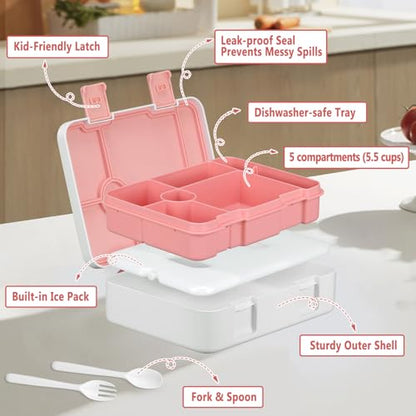 Chill Lunch Box Kids, Leak Proof Adult Bento Box with Ice Pack, 6 Compartment Lunch Container with Utensils for Girl Boy Back to School, 5.5-Cup Capacity, Dishwasher Safe, BPA Free - color: Pink-Mermaid