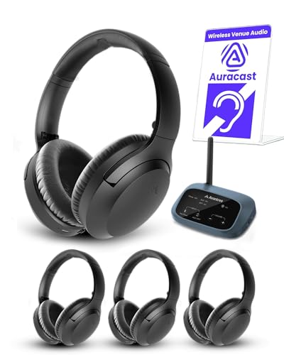 Venucast AuraPlex H4 - Auracast Wireless Headphones System with 1 Transmitter & 4 Headphones, Expandable Assistive Listening for Churches, Schools, Training & Meetings, Optical/AUX/Bluetooth