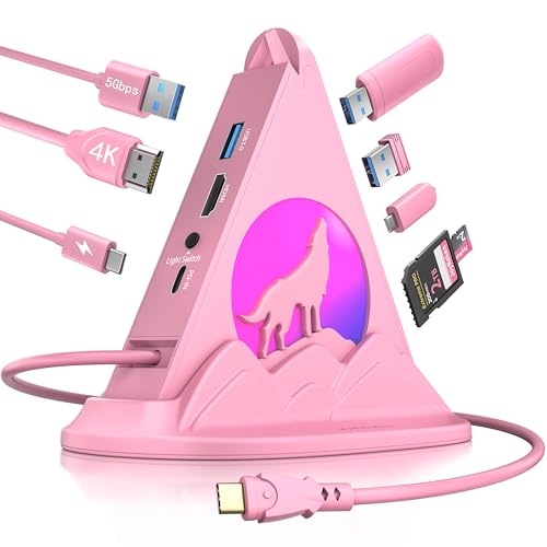 USB C Hub, Pink 8-in-1 Type C Multiport Adapter with 4K@30Hz HDMI, 100W PD, 5Gbps 1xUSB-C, 3xUSB-A 3.0, SD/TF Slots ＆ RGB Lighting, Pink USB Hub for MacBook Air/Pro, iPad, iMac, Surface, XPS - color: 2-Pink Wolf With Base