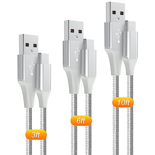 USB-C Cable 3A Fast Charging, 3-Pack (10ft+6ft+3ft) USB A to Type C Charge Nylon Braided Cord for Type-C Devices - White - color: white, size: 3ft+6ft+10ft