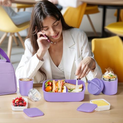 Bento Lunch Box Set with 10.5oz Soup Thermo Food Jar for Adults Kids, Stainless Steel Leak-proof Lunch Container with 4 Compartment, Coffee Tumbler with Lunch Bag for School Travel Office-Purple - color: Purple