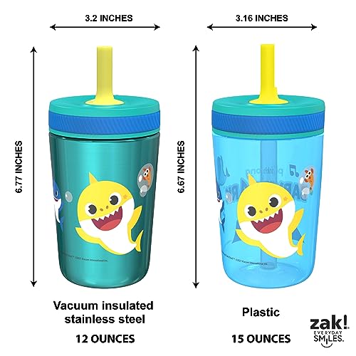 Zak Designs Baby Shark Kelso Tumbler Set, Leak-Proof Screw-On Lid with Straw, Bundle for Kids Includes Plastic and Stainless Steel Cups with Bonus Sipper (3pc Set, Non-BPA) (Pack of 12) - color: Baby Shark, size: 3 Piece Set (Pack of 12)